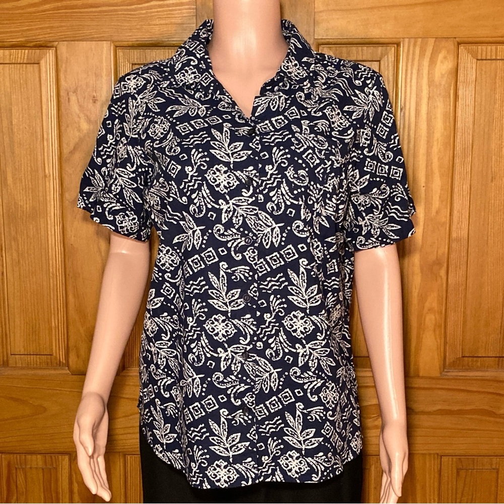 NWOT Blair Top Short Sleeve Blouse Blue White Size L Large